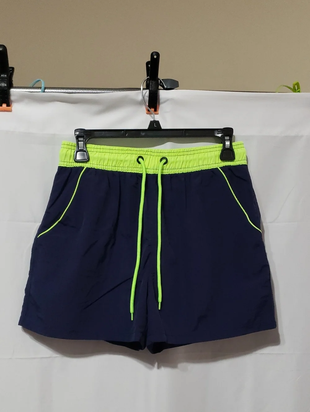 Men's X-Small Navy Blue And Neon Lime Green Swim Trunks